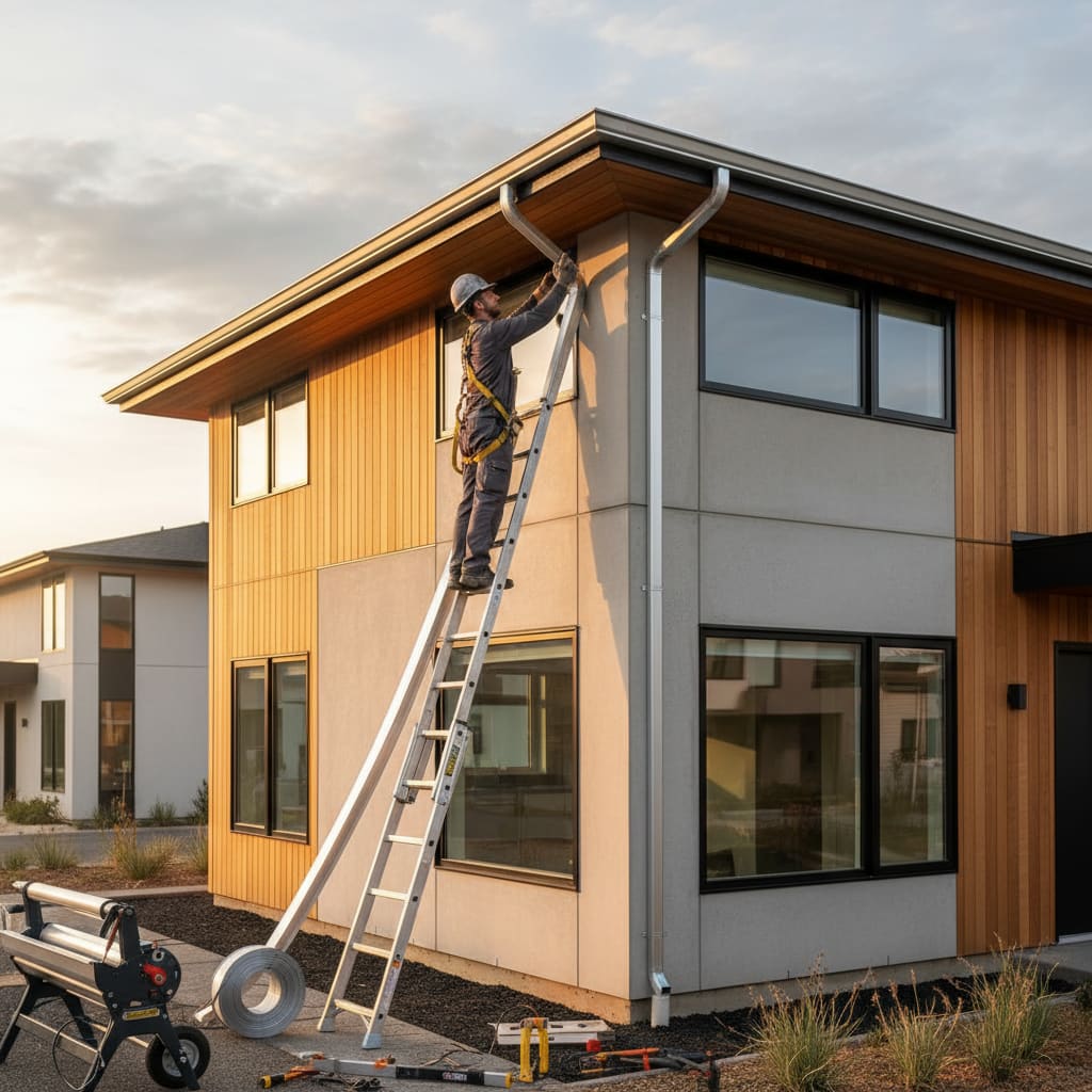 Seamless gutter and downpipe installation